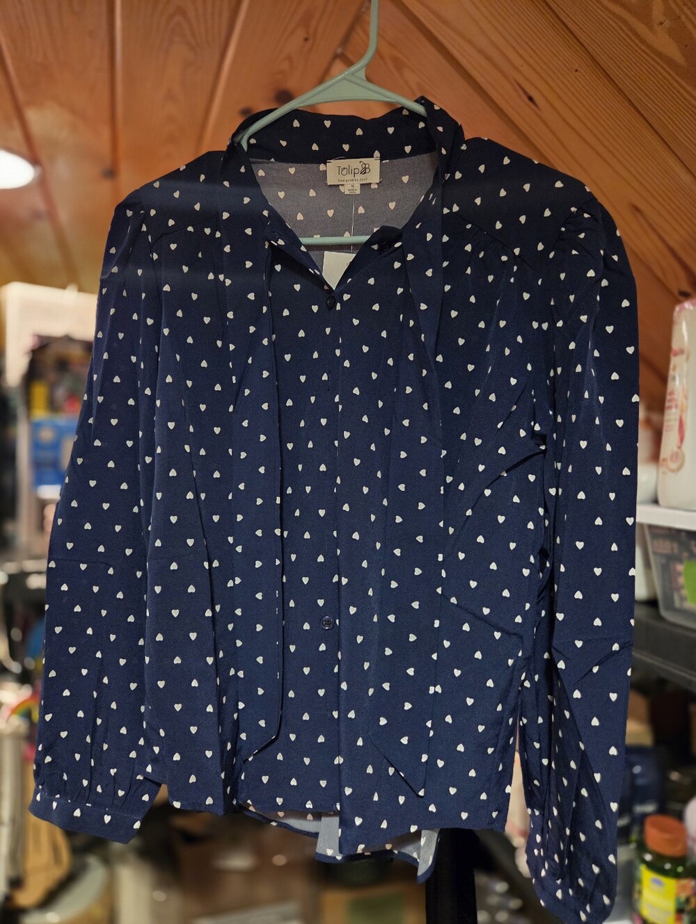Vintage Tulip B Navy Heart Print Blouse | Romantic Ruffle Front | Long Sleeve